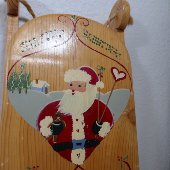 Santa Hand Painted Wooden Sled 18" Season Greetings Signed 1995 Mexico Vintage - Picture 15 of 15